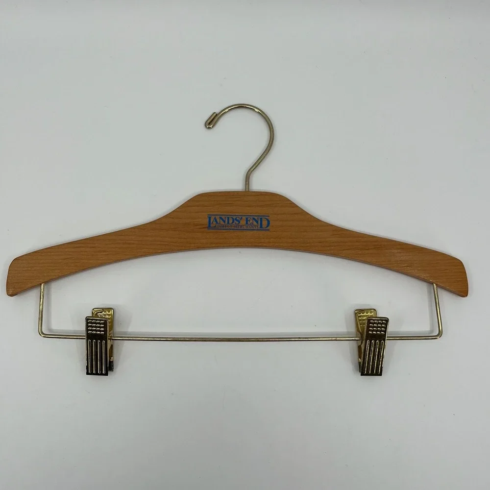 Vintage Lands End Wooden Skirt Pants Hanger Gold Swivel Hook Clip 14 Inch Wood